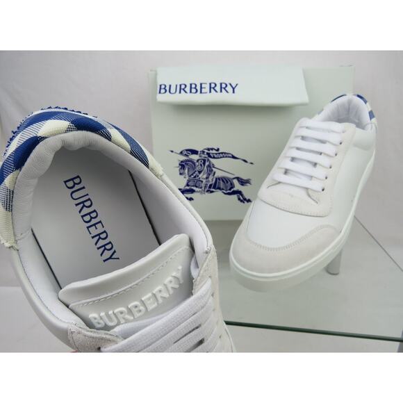 NIB BURBERRY ROBIN WHITE BLUE CHECK LEATHER LOW LOGO SNEAKERS US 11.5 44.5 IT - Picture 4 of 13